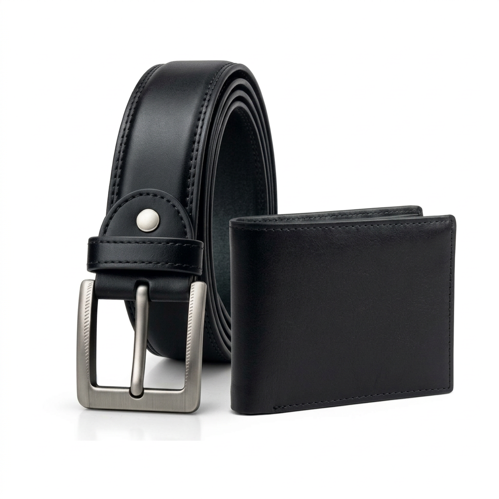 Pure white background par centered black wallet aur belt